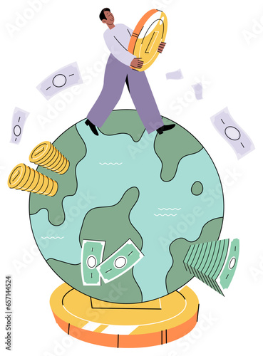 Money transfers and currency exchanges between countries of world. Man with money walks planet, buying and selling. Global stock market, world or international investment, financial operations