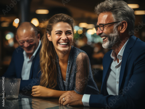 business people laughing and chatting sitting in modern cafe or restaurant bar