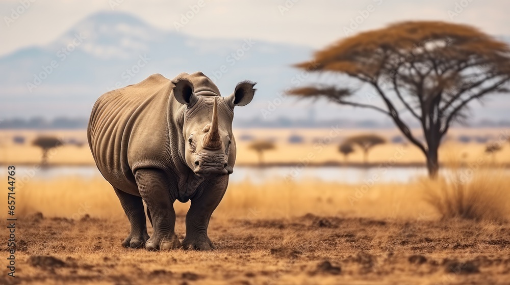 Black Rhinoceros at wild. - obrazy, fototapety, plakaty 