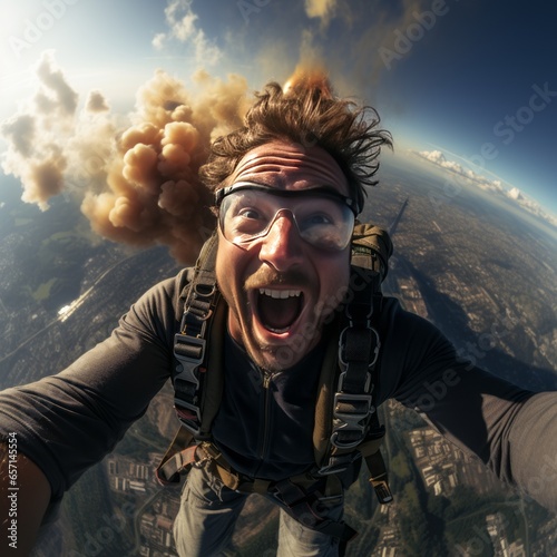 Adrenaline Skydive, Excited Man in Freefall, Embracing the Thrill of the Ultimate Parachuting Experience.