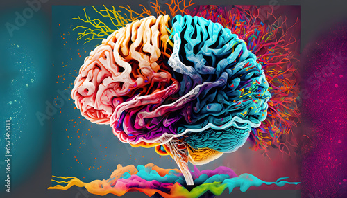 An abstract depiction of the human brain, illustrating the complexity of ADHD. In vibrant and lively detail, neural patterns unravel in apparent chaos, capturing the unique experience of an ADHD brain