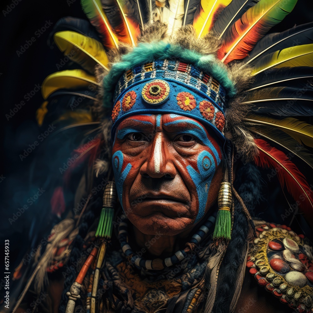 Le portrait d'un guerrier Maya en tenue traditionnelle - obrazy, fototapety, plakaty 