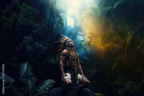 Un guerrier Maya en costume traditionnel dans la jungle, regardant le ciel, lumière traversant la végétation, image avec espace pour texte. photo