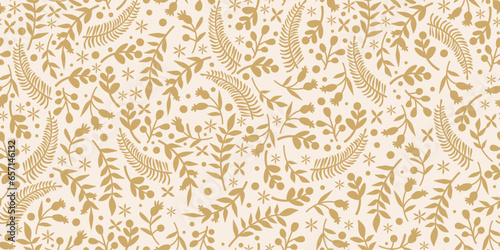 Christmas Seamless Pattern with Simple Leaves Branches. Merry Christmas Repeat Background for Winter Holiday, Textile, Surface Design. Vector