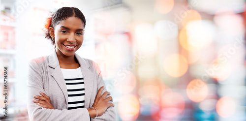 Black woman, arms crossed and smile portrait with compliance consultant at work with mockup space. Confidence, female entrepreneur and professional from New York happy from startup with office bokeh