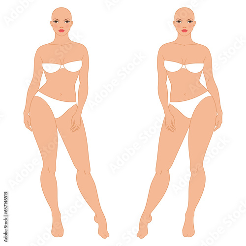 Plus size female fashion figure posing, vector template. Beautiful curvy woman body vector illustration. Female colored croquis. 