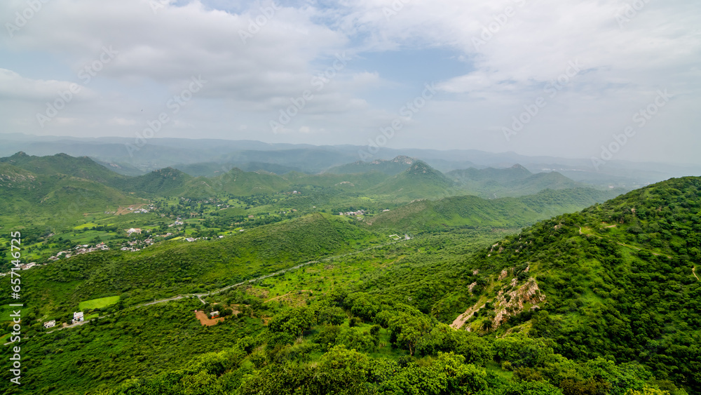 View of monsoon from Sajjangarh Palace or Monsoon Palace is a hilltop palatial residence in the city of Udaipur, Rajasthan