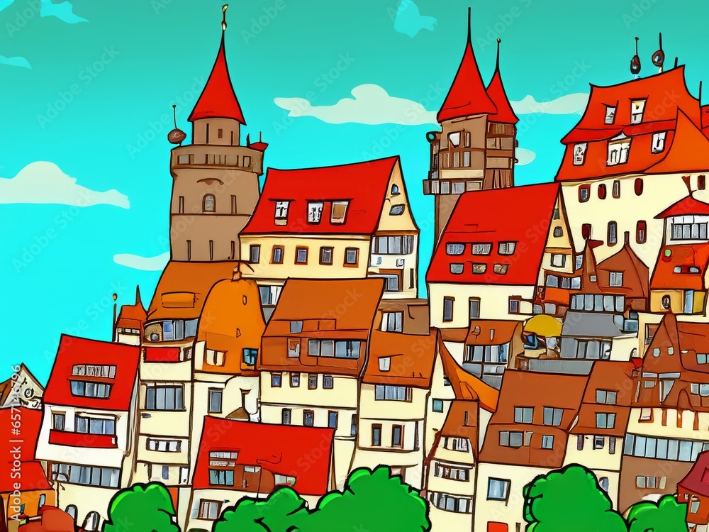 cartoon illustration of a kitschy german city