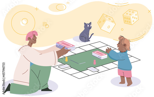 Game together. Family fun. Friendship time. Vector illustration. Board games provide opportunity to disconnect from screens and connect with loved ones Engaging in game with others brings out sense of