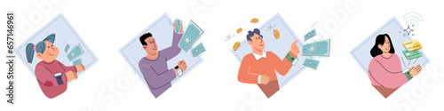 Cashless payment. Vector illustration. Contactless payment systems are widely accepted at restaurants, stores, and public transportation NFC-enabled devices cbe used to store loyalty cards