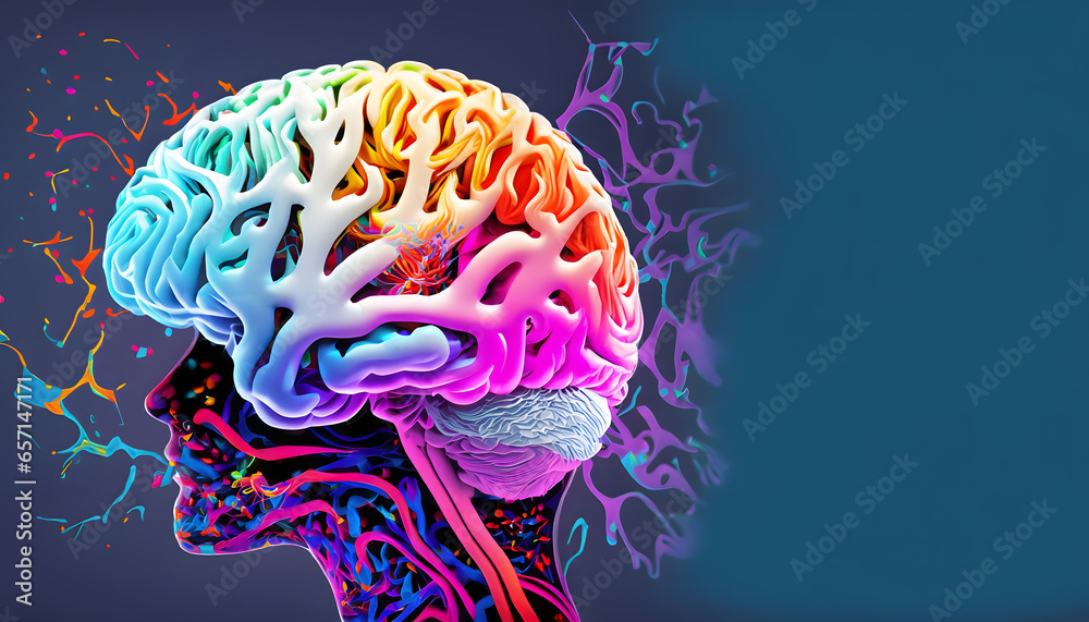 A striking visual representation of ADHD, where the intricate and colorful neural patterns of the brain are dynamically visible on the surface of a woman's head A striking visual representation of ADHD, where the intricate and colorful neural patterns of the brain are dynamically visible on the surface of a woman's head