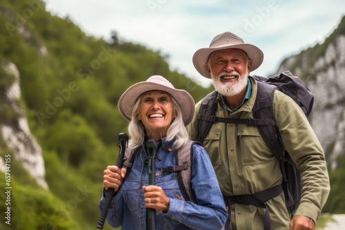 romantic couple senior enjoying a cheerful holiday hiking in a mountain landscape.