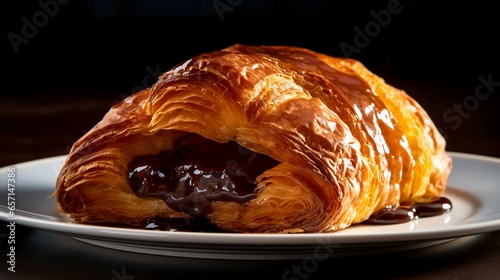 a pain au chocolat, its flaky layers glistening with a sheen of melted chocolate, enticing you to take a bite and savor the rich, sweet filling