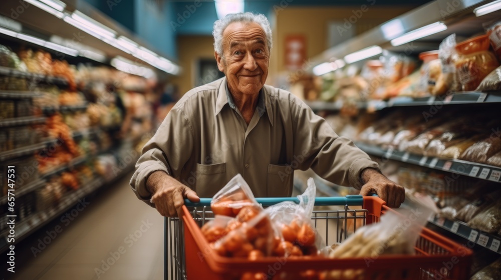 Elderly man takes groceries from a store shelf with full shopping cart in supermarket.