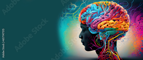 A striking visual representation of ADHD, where the intricate and colorful neural patterns of the brain are dynamically visible on the surface of a woman's head. With copy space