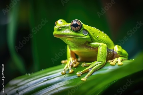 Close-up of a green tree frog in its natural environment. © idaline!