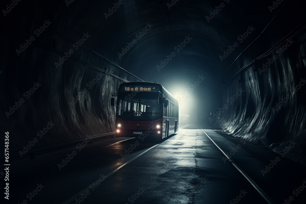 A long tunnel with a bus passing through it at night. Long exposure.