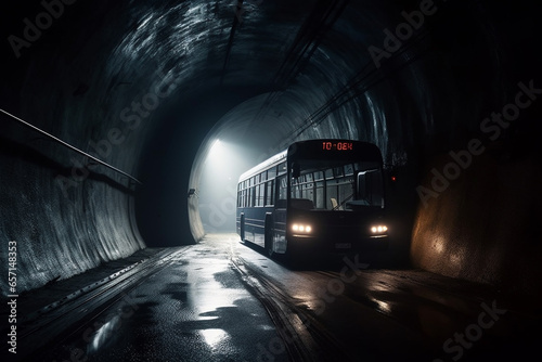 A long tunnel with a bus passing through it at night. Long exposure.
