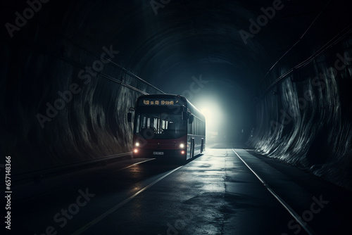Obraz na płótnie A long tunnel with a bus passing through it at night. Long exposure. w salonie