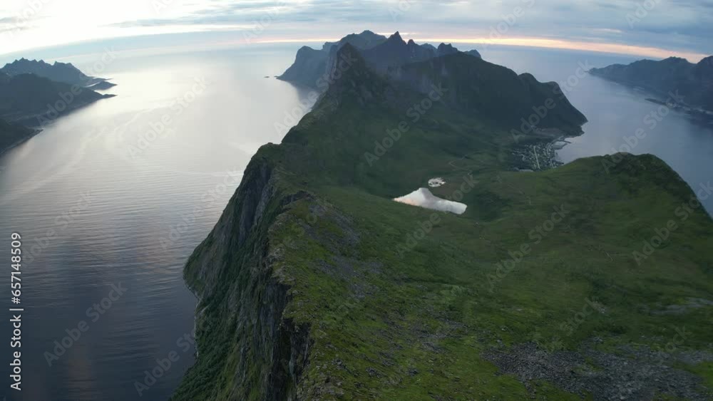 Drone video of Segla and Barden mountain on Senja island in Northern Norway