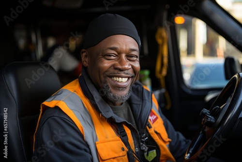 "Professional Portrait: Smiling Afrodescendant Worker in Orange Jacket Wearing a Balaclava in a Workplace Setting.