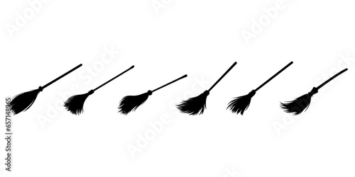 Witch Symbol and Halloween Logo in Set of Witch Broomsticks Silhouette: Isolated Vector Illustration