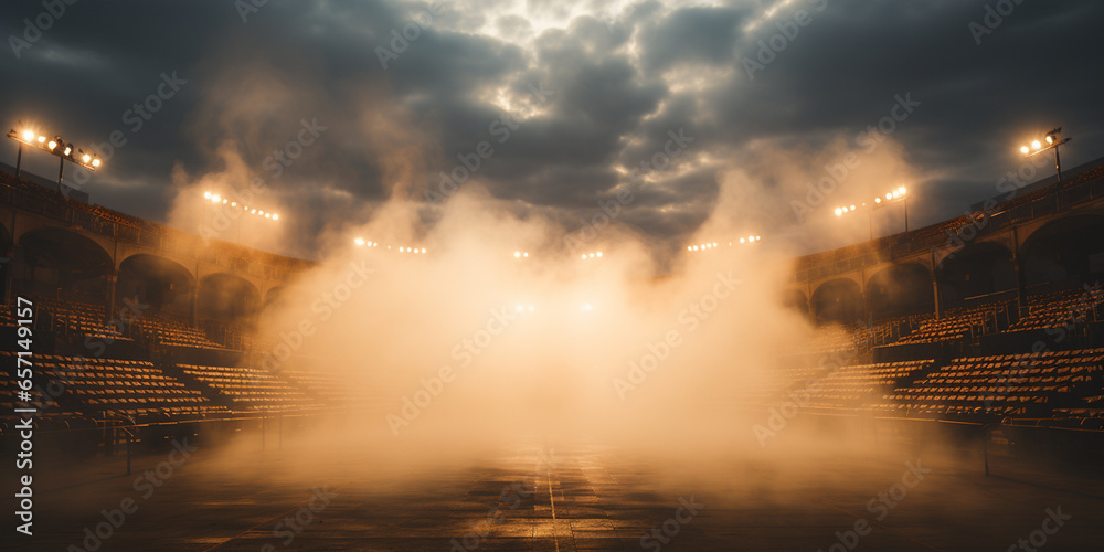 Bright stadium arena lights and smoke