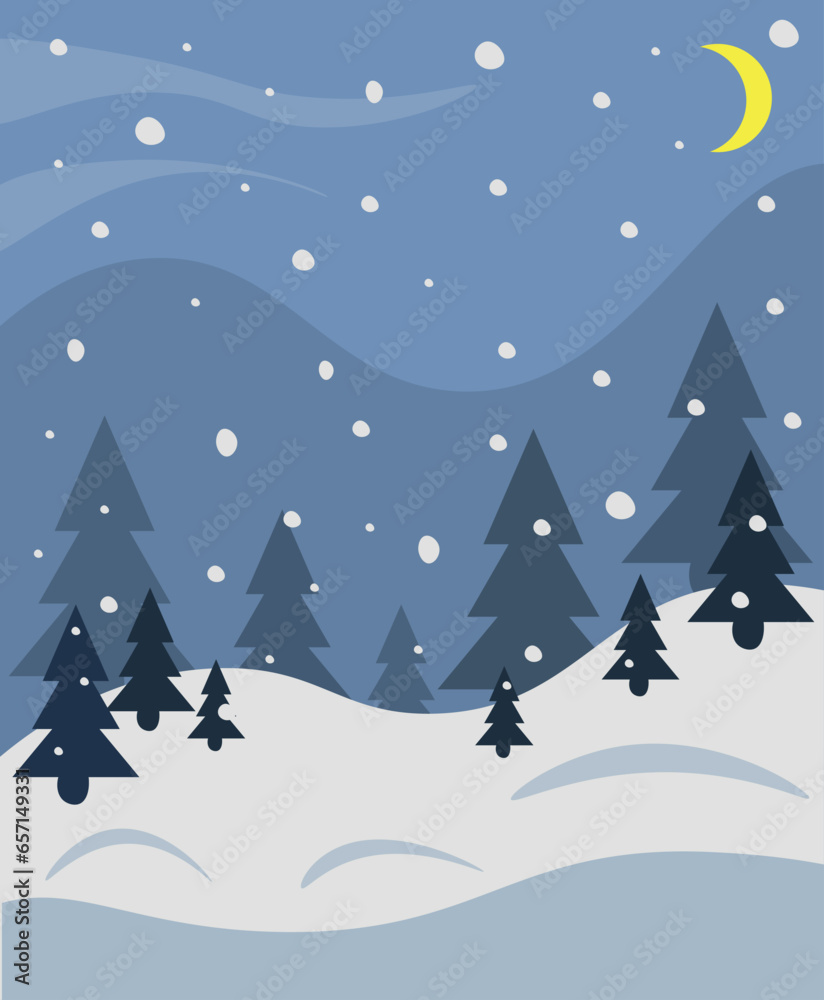 Winter landscape with snow and Christmas tree, vector illustration, winter background