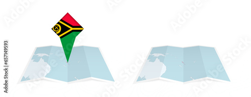 Two versions of an Vanuatu folded map, one with a pinned country flag and one with a flag in the map contour. Template for both print and online design.