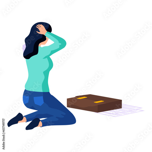 Shocked woman feel stunned frightened by unbelievable news or message sitting with briefcase. Terrified female holding hands on head surprised amazed by bad negative accident. Shock and fear