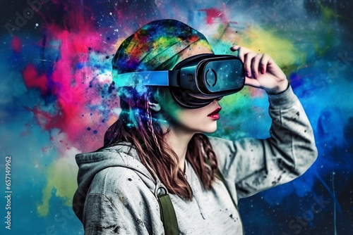Young woman with virtual reality headset over colorful background. Future technology concept.