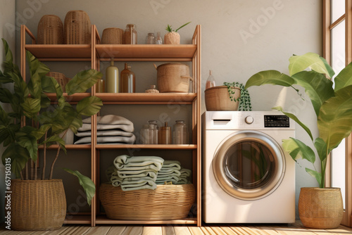 Laundry room with washing machine and dirty clothes in basket. Daily routine and chores © Lazy_Bear