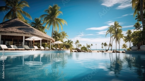 Beautiful resort with beachfront pool sun loungers and palm trees, Travel vacations concept.