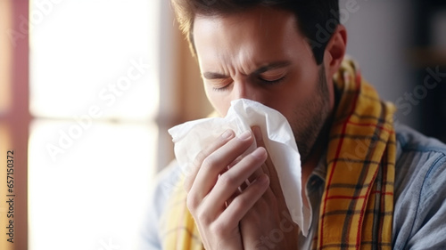 Sick man suffers from runny nose, wipes his nose with handkerchief. Flu epidemic in winter season