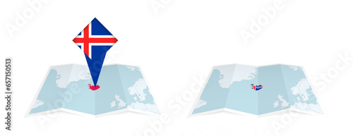 Two versions of an Iceland folded map, one with a pinned country flag and one with a flag in the map contour. Template for both print and online design.