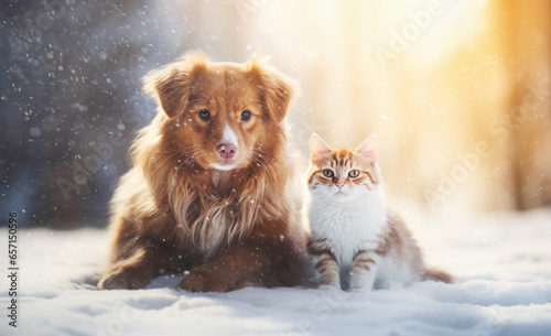 Portrait of a dog and cat sitting in snow in winter