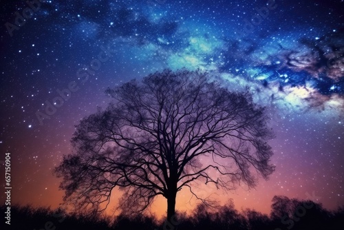 Silhouetted Tree Under Starry Sky: Tranquil Scene in Nature's Celestial Beauty
