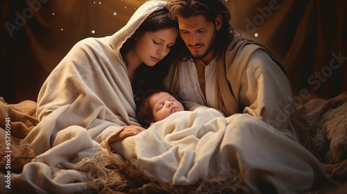Krippen-Szene mit Maria, Josef und dem Jesuskind im Stall am Heiligabend, Weihnachten