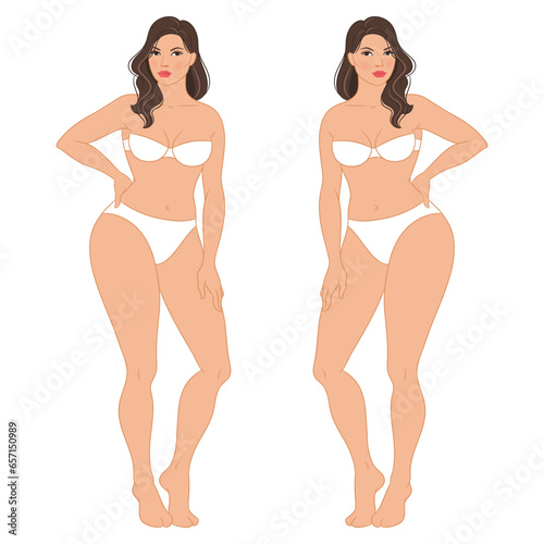 Plus size female fashion figure posing, vector template. Beautiful curvy woman body vector illustration. Female colored croquis with face and hair. 