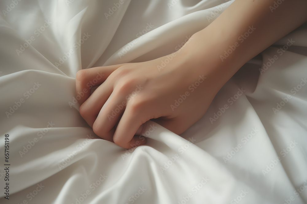 Close-Up einer weiblichen Hand, die sich sinnlich in ein Bettlaken krallt, erstellt mit generativer KI - obrazy, fototapety, plakaty 