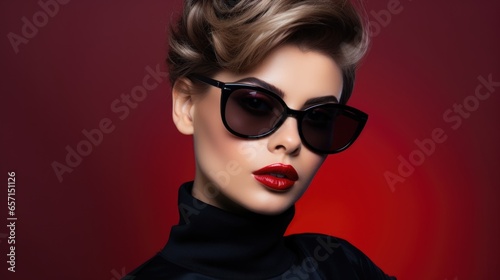 photo of a beautiful woman with a stylish hairstyle, wearing stylish glasses, close-up