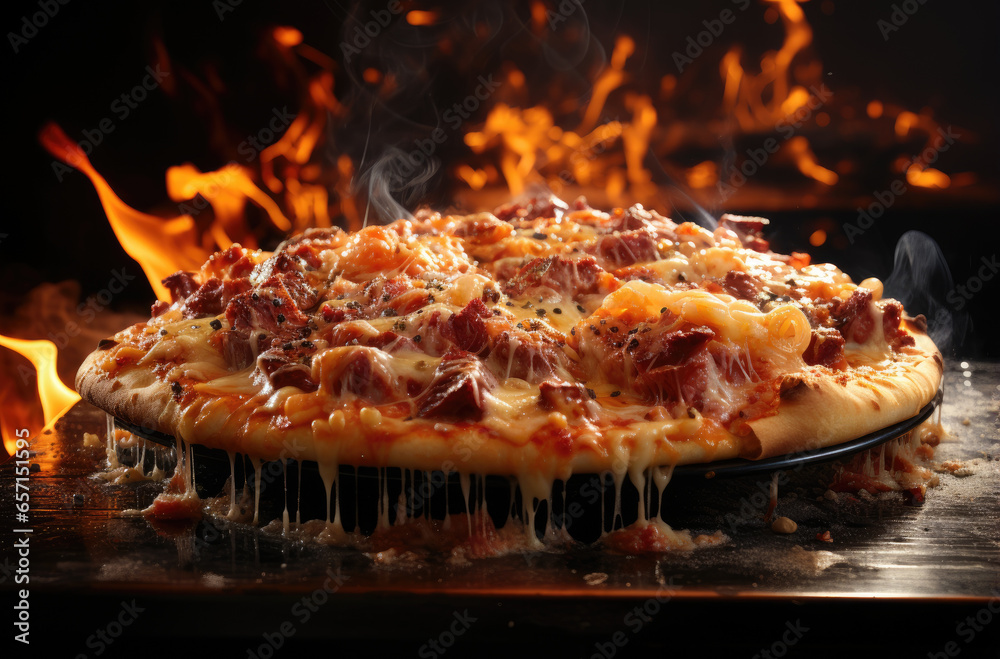 Hot big pepperoni pizza with smoke and fire composition with melting cheese beef bacon tomatoes ham paprika steam smoke
