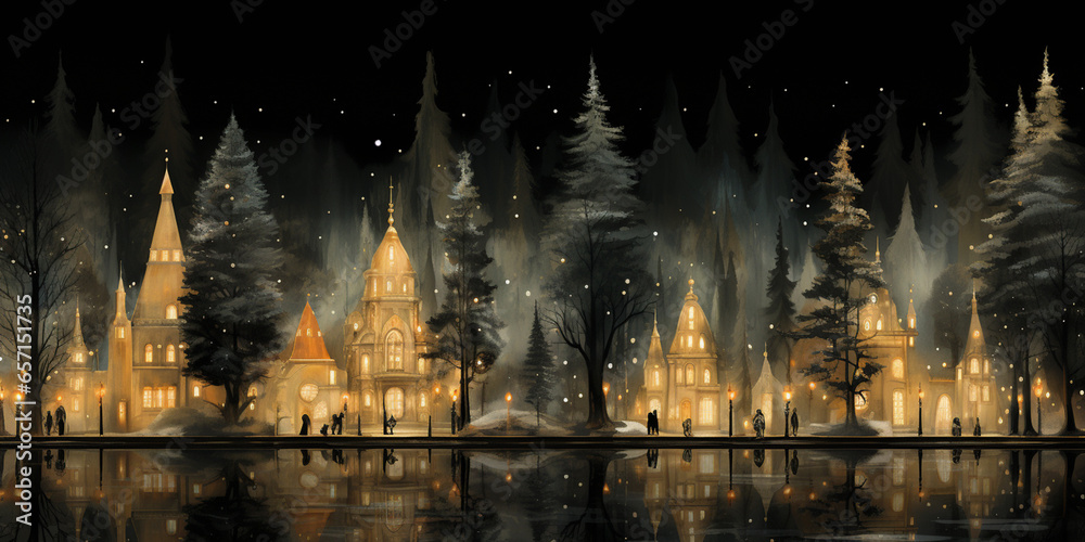 Christmas trees in night merry magic forest wood drawing