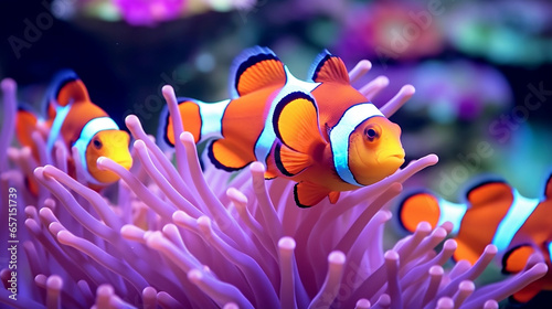 Canvas Print The fish swims in an ocean aquarium surrounded by colorful corals