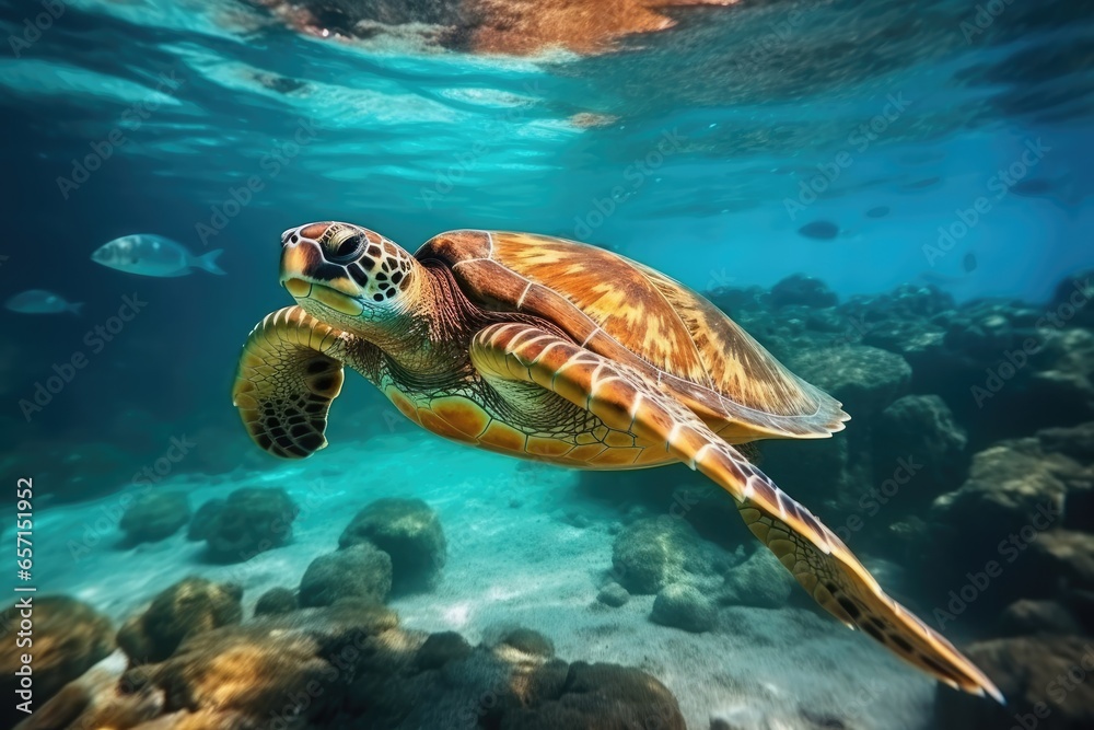 Marine Life in Underwater Aquarium with Loggerhead Sea Turtle and Coral