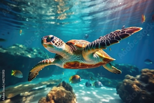 Marine Life in Underwater Aquarium with Loggerhead Sea Turtle and Coral © idaline!