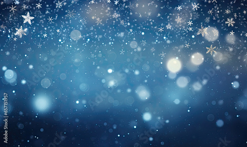 Serene winter scene with gentle snowflakes and ethereal bokeh against a deep blue sky.