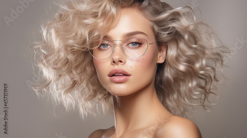 Portrait of a beautiful stylish woman in fashionable glasses with a beautiful hairstyle, close-up