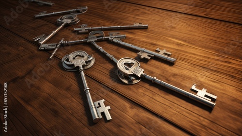 bunch of keys on a wooden background