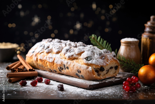 Christmas Stollen in a minimalistic photographic approach, artistic arrangement and ambiance, with empty copy space photo